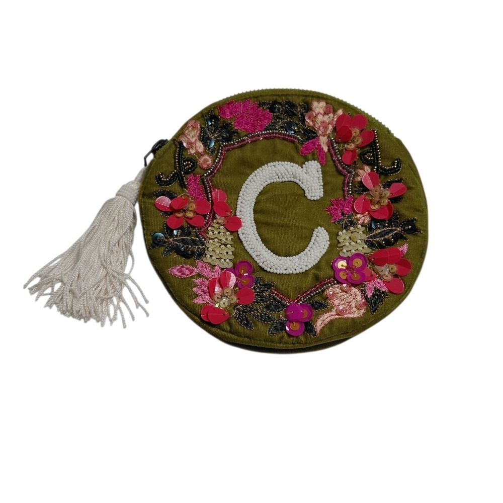 👜 Anthropologie Olive Green Embroidered Round Coin Pouch with White Tassel